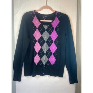APT 9 100% CASHMERE BUTTON UP CARDIGAN BLACK CHECK LONG SLEEVE SWEATER
